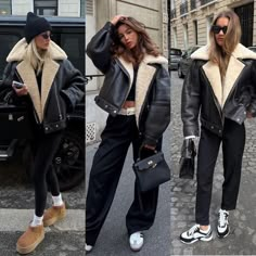 Winter Outfit With Leather Jacket, Shearing Jacket Outfit, Leather And Wool Jacket, Fuzzy Leather Jacket Outfit, Leather Winter Jacket, Black Shearling Jacket Outfit, Shearling Leather Jacket, Sherpa Leather Jacket, Sherpa Leather Jacket Outfit