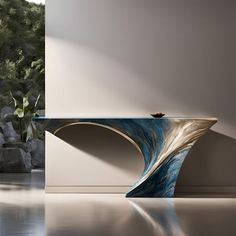 a modern console table in the middle of a room with rocks and trees behind it