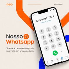 a cell phone sitting on top of an orange and blue background with the words nosso whatsapp