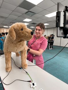 a woman standing next to a stuffed dog on top of a table in an office