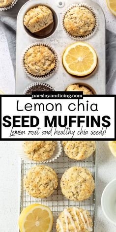 lemon chia seed muffins on a cooling rack next to cupcakes