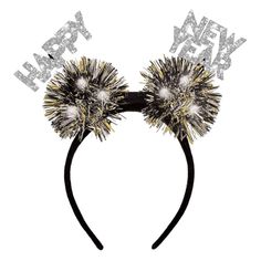 a happy new year's eve headband with silver and black sparklers on it