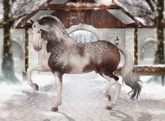 a horse standing in front of a building with snow on the ground and trees around it