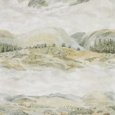 a painting of mountains with trees and clouds in the background