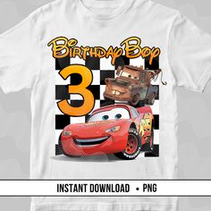 a birthday shirt with the number three in front of it and an image of cars