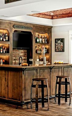 a bar with three stools in front of it