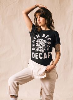 Death Before Decaf Unisex Graphic Tee. Coffee Shirt | Pyknic Coffee Merch, Coffee Sayings, Victorian Jacket, Work Recipes, Shot Of Espresso, Coffee Graphic Tee, Steampunk Jacket, Studded Shirt, Funny Coffee Shirts