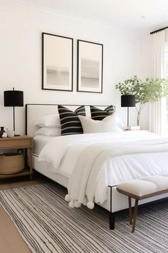 Room Ideas Classic Modern, Modern Black White Bedroom, White Bedding Bedroom Ideas, Modern Bedroom Design Interiors, Apartment Inspiration For Couples, Neutral Home With Black Accents, Classy Minimalist Bedroom, Black Brown And White Bedroom, White Wall Bedroom Decor