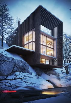 the house is surrounded by snow and trees