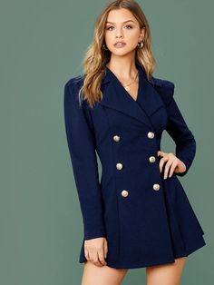 Notch Collar Double Breasted Blazer Dress | EMERY ROSE Double Breasted Blazer Dress, Double Blazer, Blue Blazer Dress, Black Blazer Dress, Dress Usa, Royal Blue Blazers, Outfit Elegantes, Dress Blazer, Striped Tunic Dress