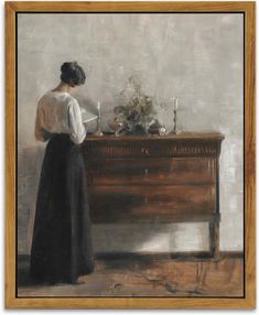 a painting of a woman standing in front of a dresser