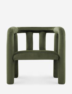 an upholstered green chair with two arms and one arm extended to the side