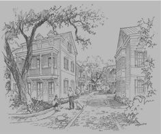 a black and white drawing of people walking down the street in front of some houses