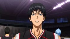 an anime character with black hair and blue eyes standing in front of a basketball court