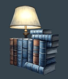 a lamp sitting on top of a pile of books