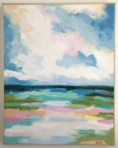 an abstract painting with blue, green and pink colors