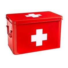 a red first aid box with a white cross on it