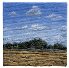 a painting of a field with trees and clouds in the sky