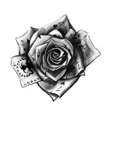 a black and white drawing of a rose with playing cards on it's petals