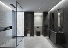 a modern bathroom with two sinks and mirrors