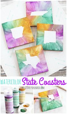 watercolor state coasters with paint and paper