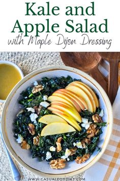 You've got to try this kale and apple salad with Maple Dijon Viniagrette, an easy and delicious kale salad recipe. This kale and apple salad is a healthy and delicious salad for fall and winter. With an easy homemade dressing this kale and apple salad with maple dijon vinagrette is perfect as a light lunch, as part of dinner or even as part of a holiday meal. The best kale and apple salad recipe. www.casualfoodist.com