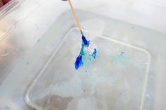 a hand holding a toothbrush in a plastic container filled with blue and white paint