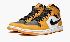 The Air Jordan 1 Mid “Taxi” is a colorway that nods to none other than New York City taxi cabs with its black, white, and yellow appearance.  Yet another popular look for the Jordan 1 Mid, the “Taxi” also looks to the Air Jordan 1’s original “Black Toe” colorway for inspiration, as it features a black perforated leather toe with contrasting Taxi or yellow leather around the toe and forefoot.  Yellow leather can also be found on the eyelets, collar, and heel.  The mid-panel is designed in white l Air Jordan 1 Mid Taxi Yellow, Air Jordan 1 Mid Taxi, Jordan 1 Mid Taxi, New York Taxi, Yellow Taxi, Nike Swoosh Logo, Black Wings, Stadium Goods, Nike Swoosh