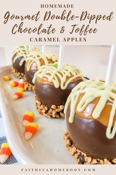 homemade gourmet double - dipped chocolate and toffee caramel apples on a white plate