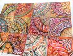 an artistic drawing with colored pencils on paper, depicting different shapes and colors in the background