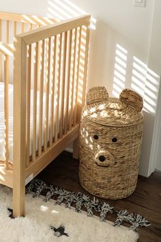 Animal Hamper - Woodland Nursery Details Nursery Ideas Nature, Nature Nursery Ideas, Natural Nursery Ideas, Forest Baby Rooms, Forest Baby Nursery, Woodland Baby Room, Baby Bear Nursery, Nature Nursery