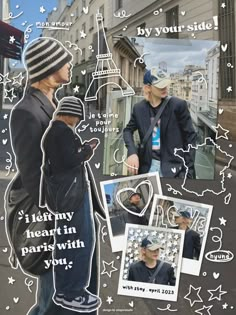 a collage of people standing in front of the eiffel tower and buildings