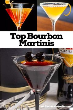 the top bourbon martini is garnished with an orange slice and black olives