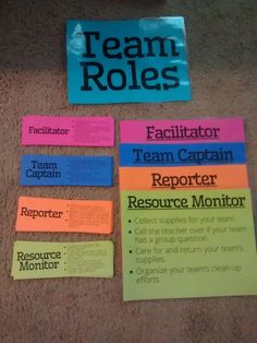 some sticky notes on the floor near a sign that says team roles and faciliator