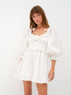 Weekend Dresses, Mini Dress White, Lemon Dress, Ruffle Mini Dress, White Party, For Love & Lemons, Love And Lemons, Long Puff Sleeves, Trim Detail