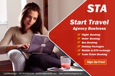 a woman sitting on a chair with a laptop computer in her lap and the words sta start travel agency business