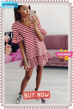 Ladies Fashion V-neck Striped Dress Chic Short Sleeve V-neck Dress For Vacation, Chic Short Sleeve V-neck Dress For Brunch, Chic A-line V-neck Dress For Summer, Trendy V-neck Mini Dress For Summer, Chic V-neck Dress For Date Night, Chic V-neck Short Sleeve Dress For Vacation, Elegant V-neck Dress For Day Out, Summer V-neck Mini Dress For Day Out, Chic V-neck Dresses With Ruffles