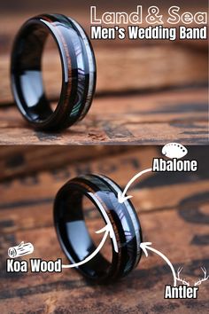 two different types of wedding bands on top of each other, with the words men's wedding band above them