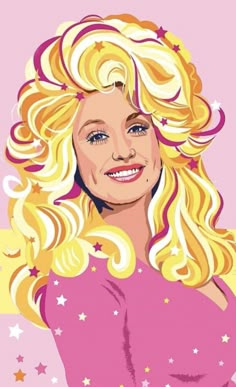 a painting of a woman with blonde hair and stars on her chest, smiling at the camera