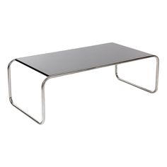 a metal table with a black top and silver frame on the bottom, against a white background