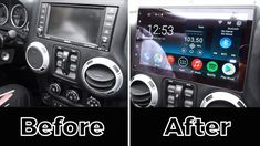 the inside of a car with two different pictures showing it's radio and dashboard