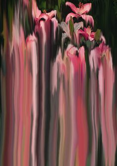 an abstract painting of pink flowers in front of a waterfall