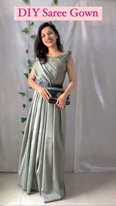 Saree As Gown Drape, Silk Saree Dress Gowns Ideas, From Saree To Dress, How To Make Dress From Saree, Saree Dress Gowns Ideas, Dress Out Of Saree, Dress With Saree, Saree Into Gown, Indo Western Saree Drape