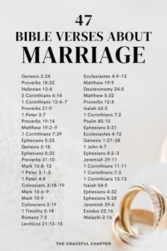 the bible verse about marriage with two gold wedding rings on top of each other and text that reads, 47 bibleverses about marriage