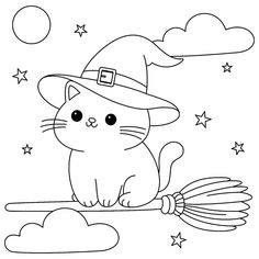 a black and white cat sitting on top of a broom with stars in the background