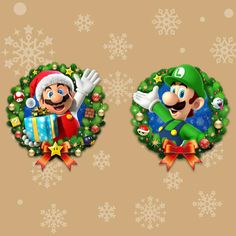 mario and luigi christmas wallpapers on a brown background with snowflakes around them