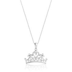 A great gift to celebrate someone's coming of age, this princess crown necklace from the Enchanted Disney Fine Jewelry Collection makes one's transition from childhood to adulthood memorable. The majestic necklace is shaped like a fairy tale crown and fashioned in 10 carat white gold. Diamonds weighing 0.03 carat give this necklace just a wee bit of sparkle for a youthful glow. Princess Style Jewelry With Crown Design, Disney Princess Jewelry, Crown Diamond, Crown Pendant Necklace, Enchanted Disney, Enchanted Disney Fine Jewelry, Crown Pendant, Princess Jewelry, Crown Necklace