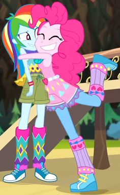 pinkie and rainbow hugging each other in front of a wooden bench with trees behind them