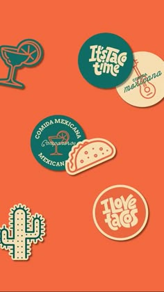 various stickers and decals on an orange background with cactus, taco time