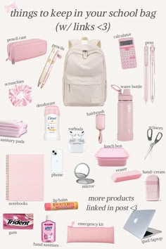 the contents of a pink school bag are shown in this graphic above it's description